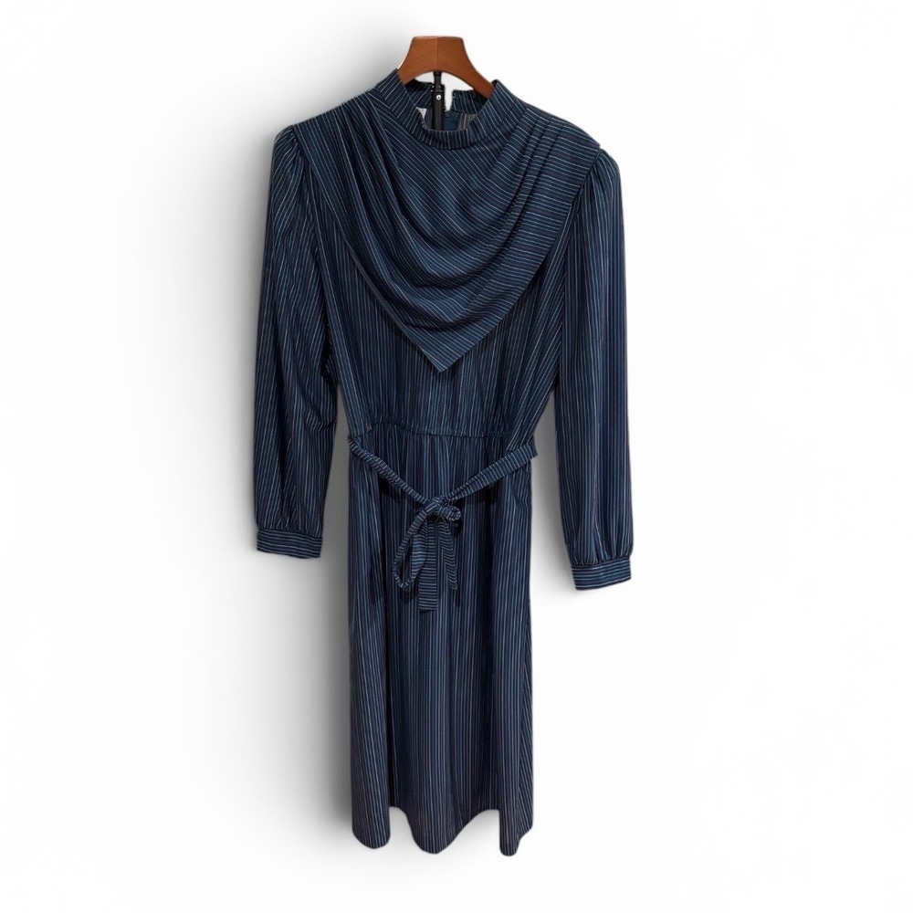 Vtg early 80s Periwinkle Navy Pinstripe Draped Cowl Neck Midi Dress Plus Sz 20
